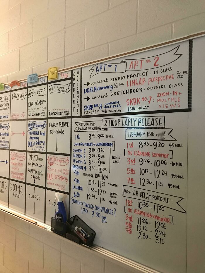 Neatly organized handwriting on a whiteboard with detailed notes and schedules, showcasing exceptional penmanship skills.