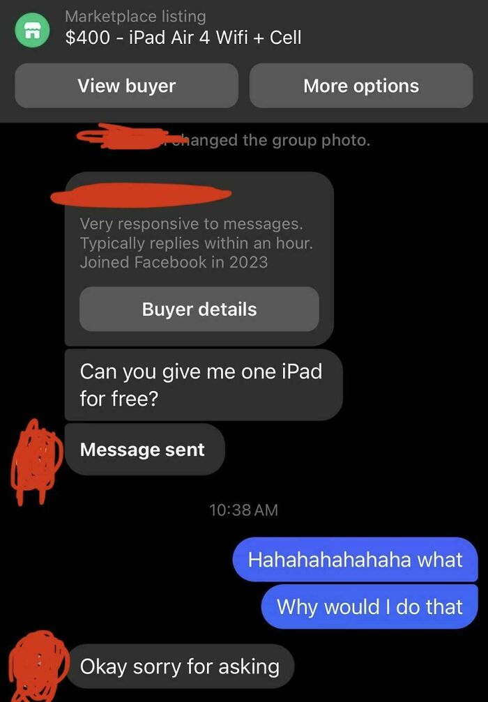 Weird interaction screenshot on Facebook Marketplace asking for a free iPad.