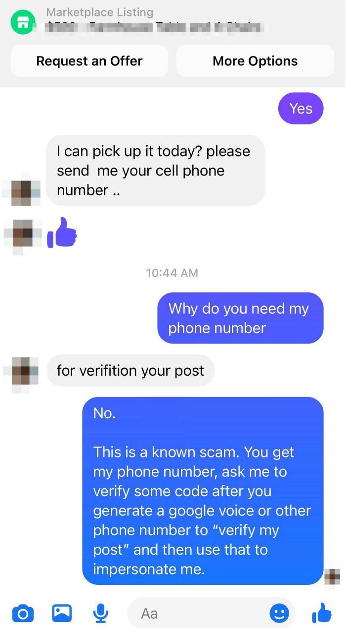 Weird interaction on Facebook Marketplace about phone number for verification, revealed as a scam attempt.