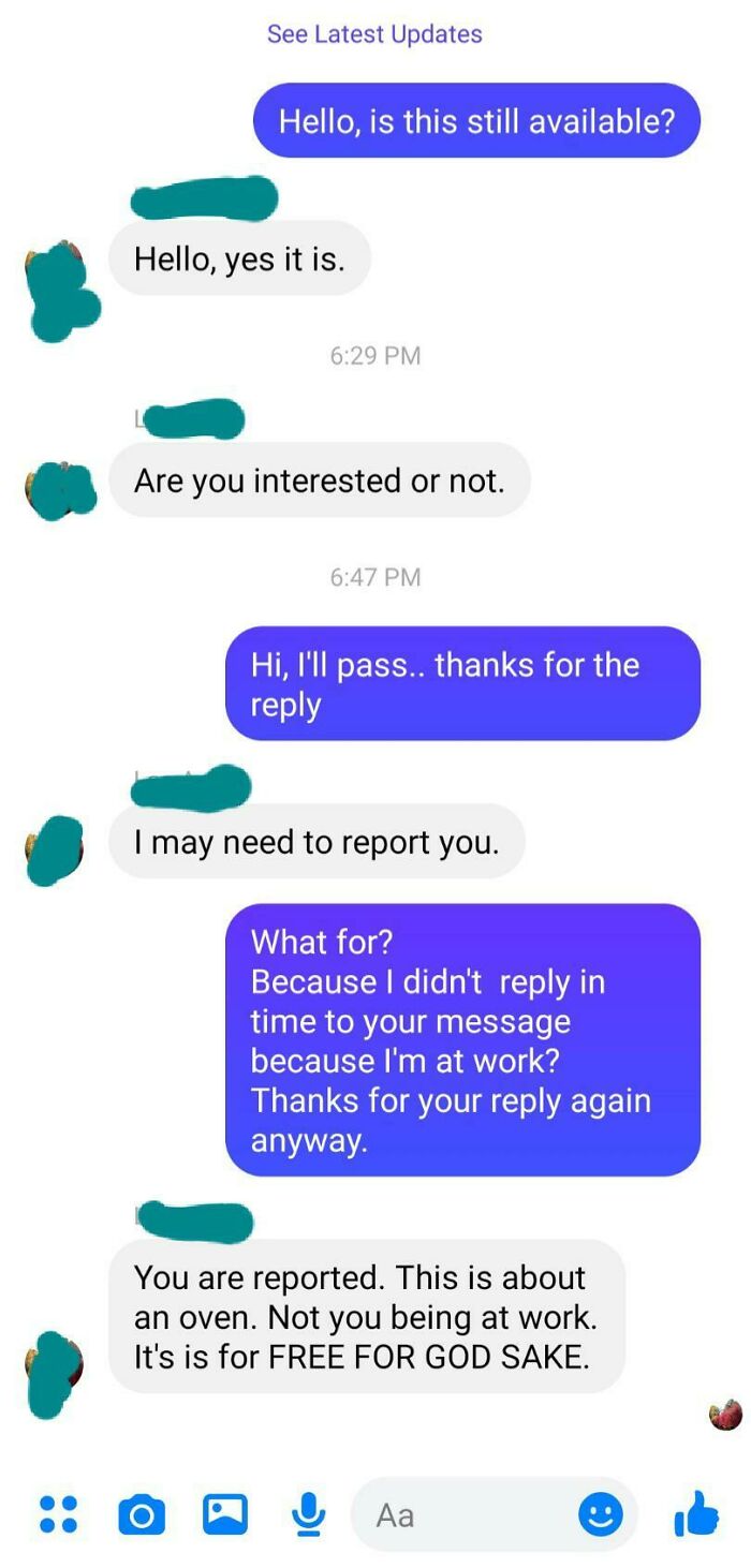 Weird Facebook Marketplace chat about reporting a buyer over a free oven offer.