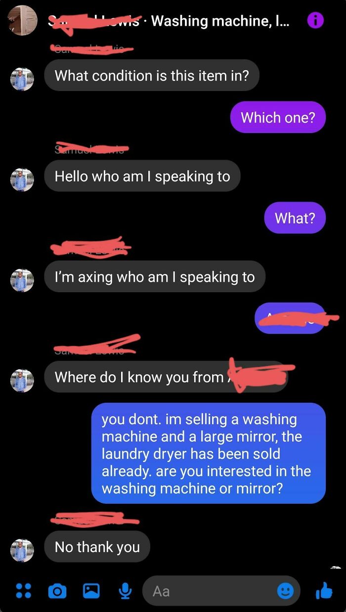 Bizarre Facebook Marketplace chat about washing machine and mirror sale.