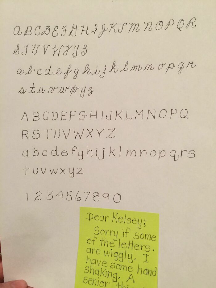 Neat handwriting samples with a note, showcasing impressive penmanship skills.