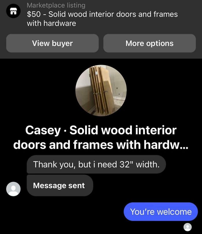 Weird interaction on Facebook Marketplace about wood door size request.