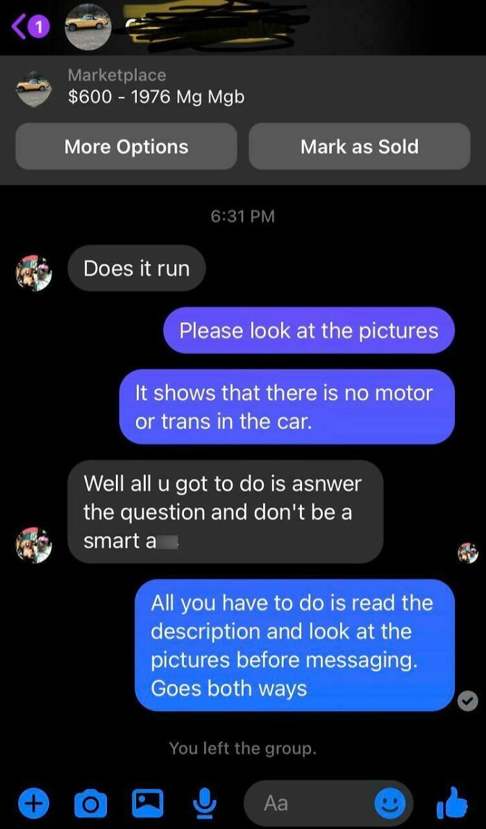 Facebook Marketplace chat about a 1976 Mg Mgb, highlighting a humorous interaction between buyer and seller over car details.