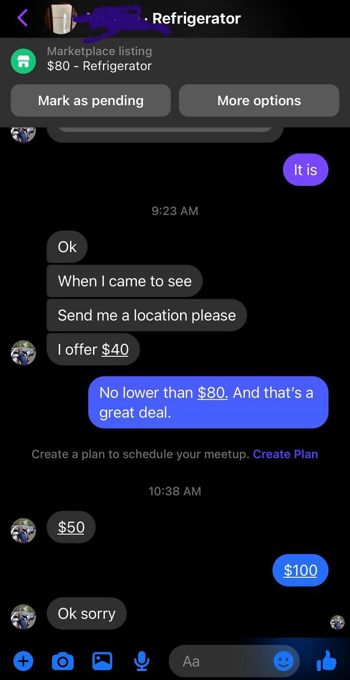 Weird interaction on Facebook Marketplace about a refrigerator pricing negotiation.