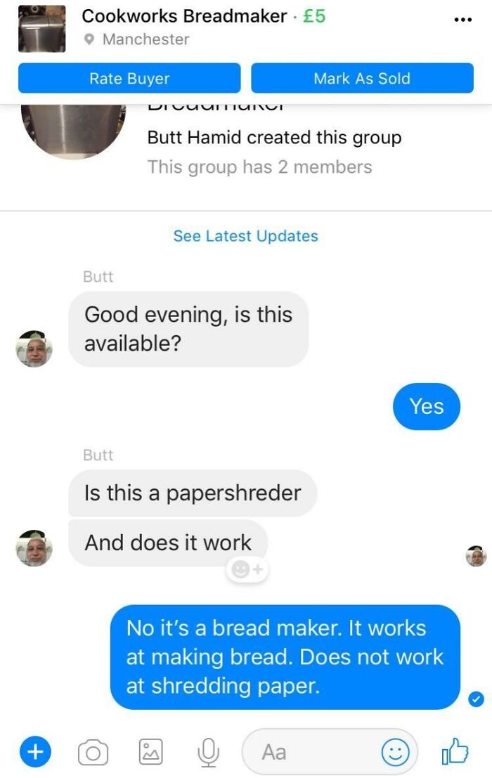 Weird interaction on Facebook Marketplace: buyer confuses bread maker for paper shredder.