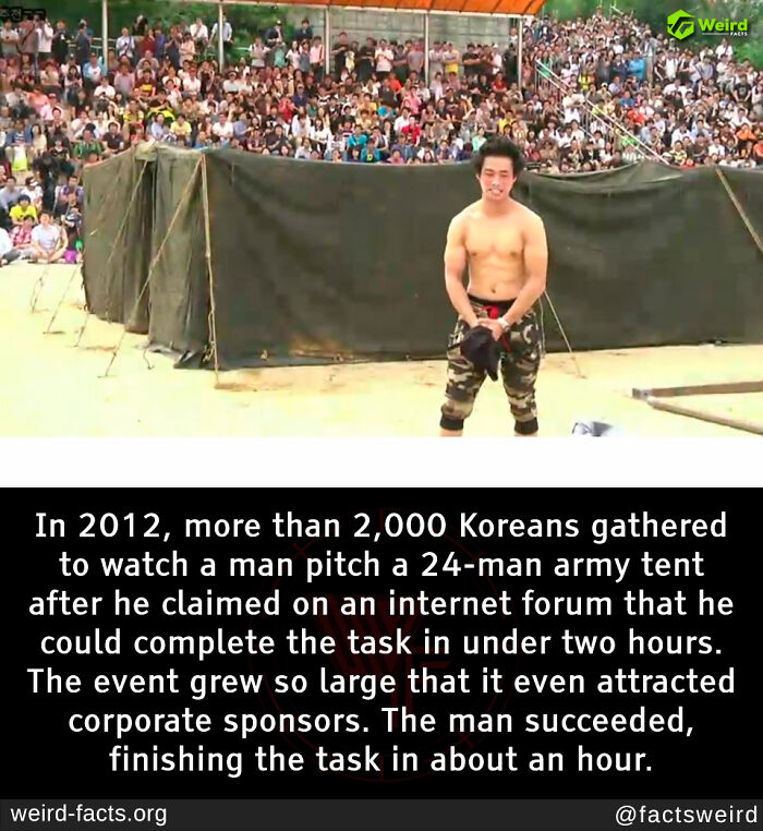 Man standing in front of a large crowd, showcasing the setup of an army tent, a weird and random fact event.