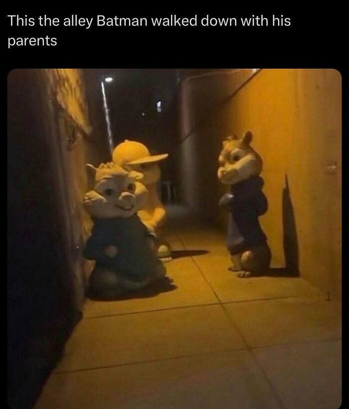 Cartoon animal statues in a dimly lit alley, creating an amusing and intriguing scene that "goes hard."