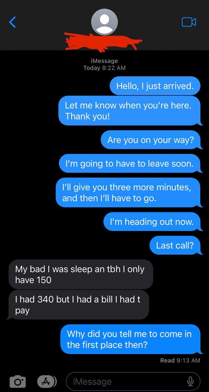 Text exchange showing a weird interaction on Facebook Marketplace about a buyer lacking funds for a purchase.