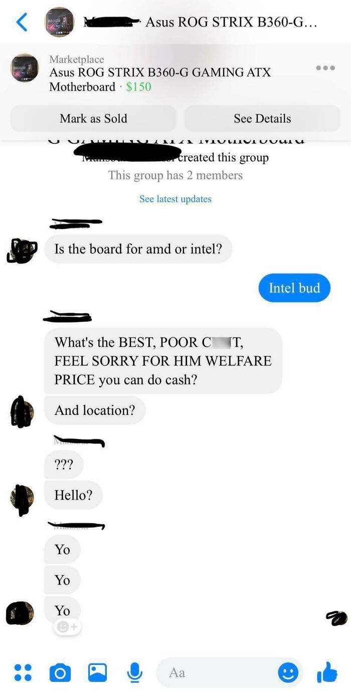 Weird interaction on Facebook Marketplace over Asus motherboard pricing and availability.
