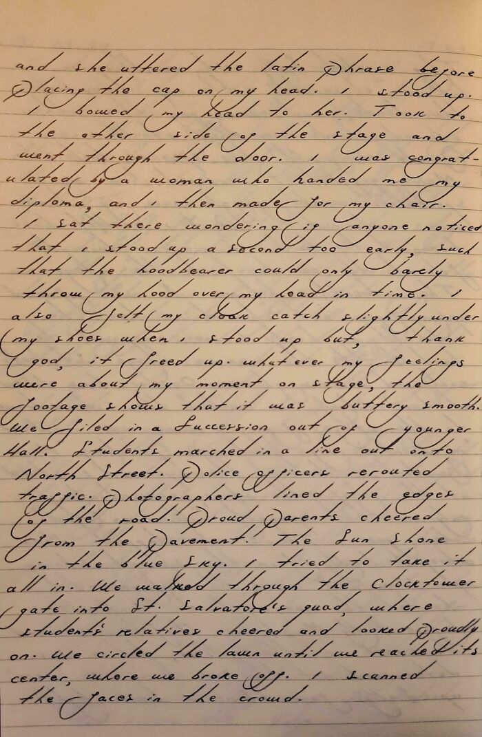 Beautifully written text on lined paper showcasing impressive handwriting skills.