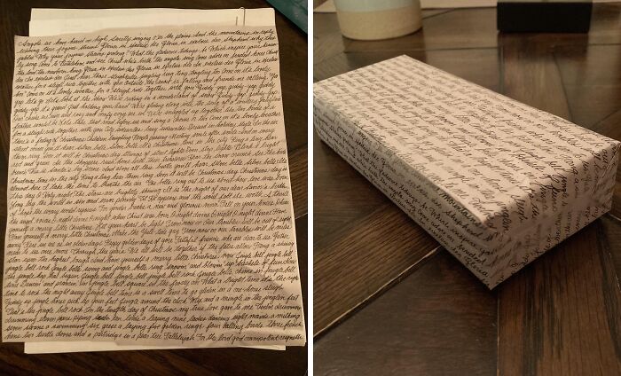 We're Short On Wrapping Paper So I Wrote Christmas Carols On A Blank Sheet Of Paper And Called It A Day