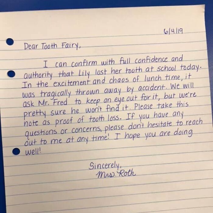 Handwritten note to Tooth Fairy confirming a lost tooth incident at school, beautifully penned by Mrs. Roth.