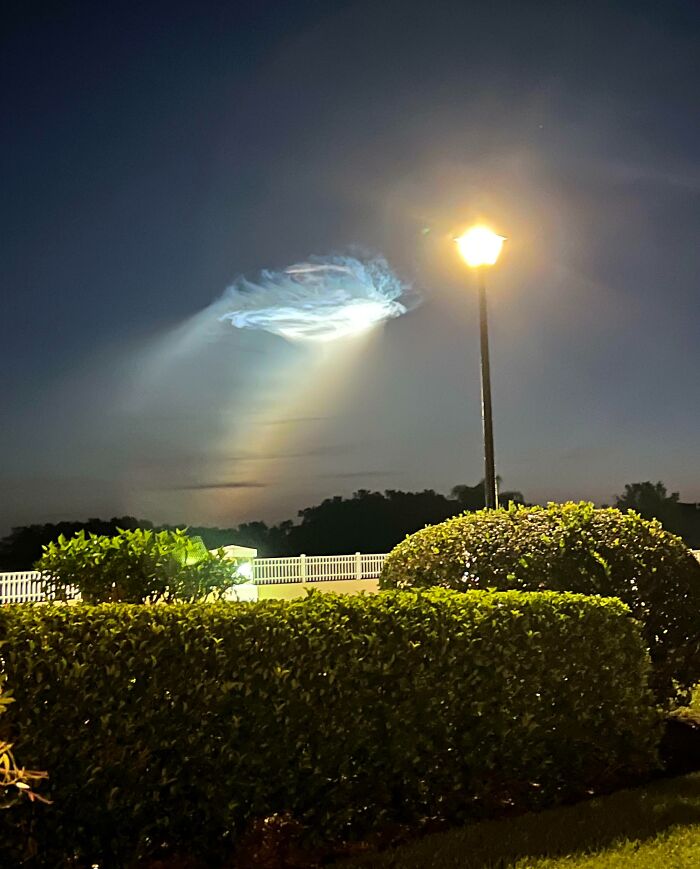 Strange light phenomenon in the night sky, appearing near a bright streetlamp, captured in an interesting-not-photoshopped photo.