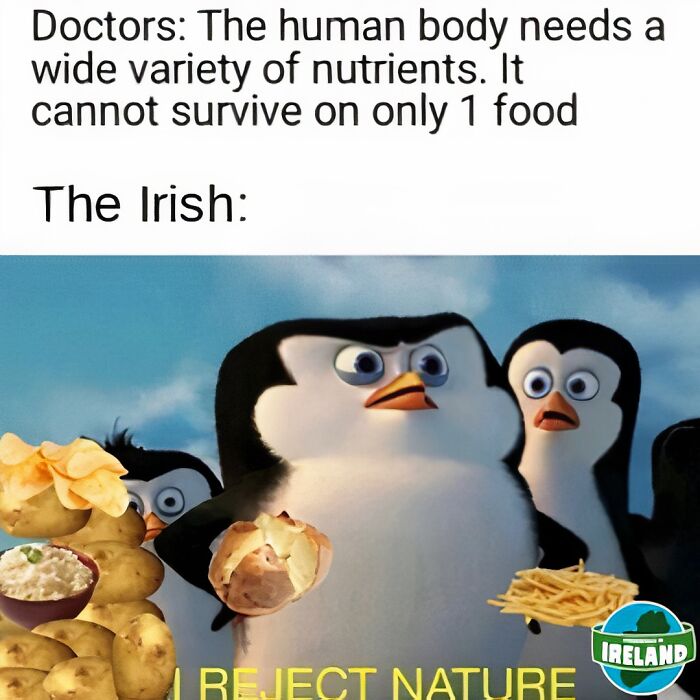 Cartoon penguins with potato-themed foods, humorously capturing Ireland's charm.