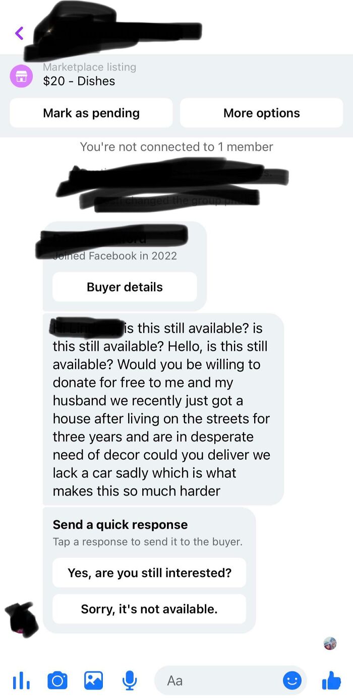 Weird interaction on Facebook Marketplace with buyer discussing free item donation.