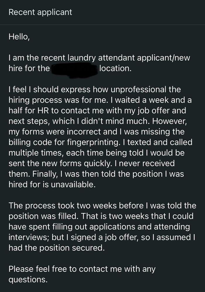 Text describes a frustrating hiring experience from a recruiting hell story, highlighting unprofessional communication.