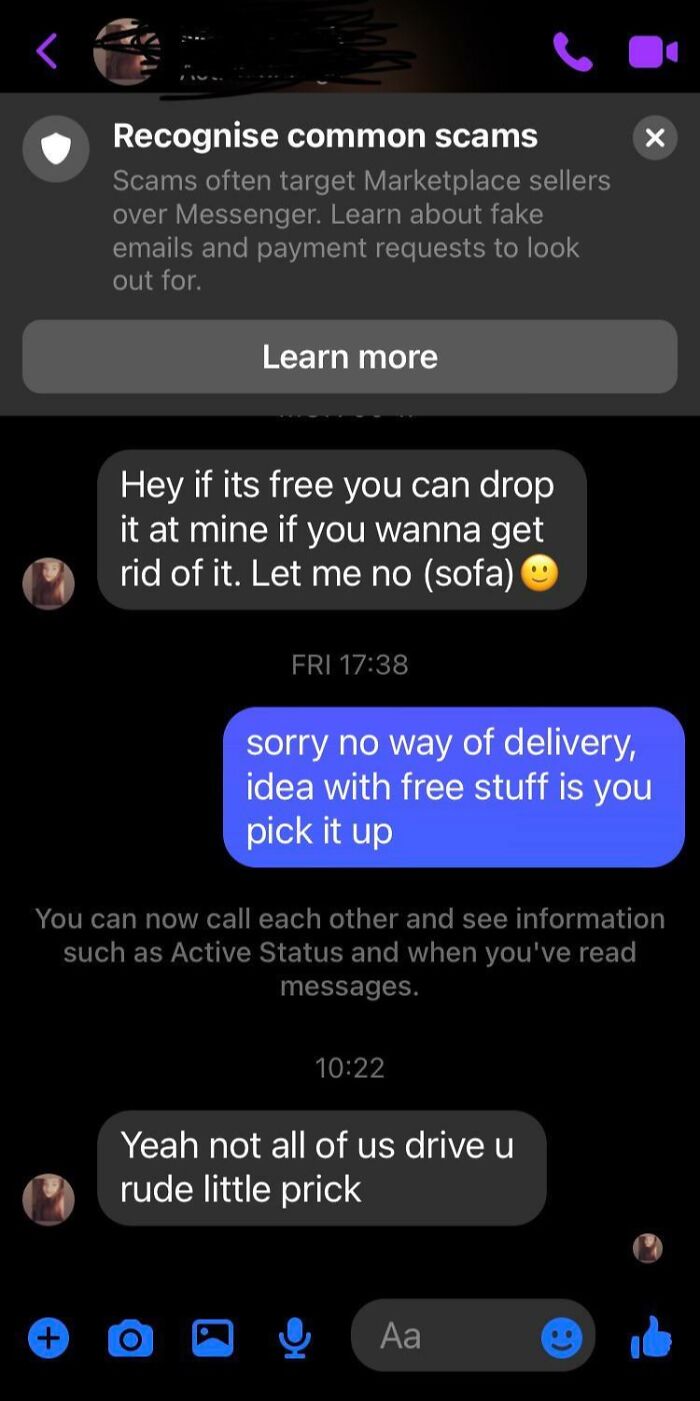 Weird Facebook Marketplace chat about free sofa delivery, showing humorous misunderstanding between buyer and seller.