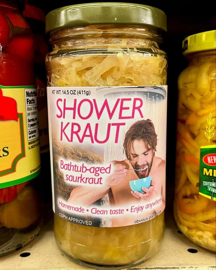 Jar of fake sauerkraut labeled Shower Kraut with a man eating from a bowl, part of fake products in real stores.