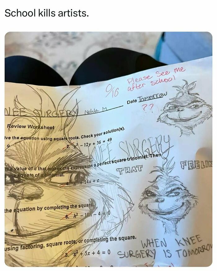 Math worksheet full of doodles, humorously showing student's artistic attempt to deflect from completing assignments.