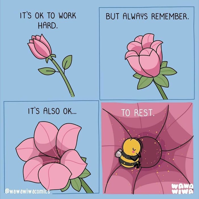 Cartoon about mental health showing a flower opening and a bee resting inside.