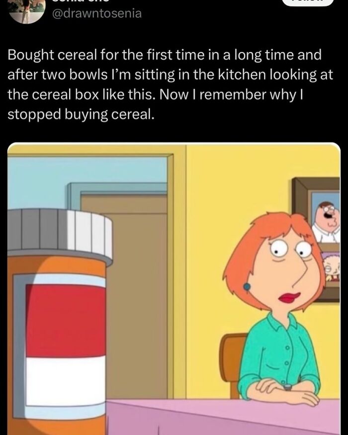 Cartoon character in disbelief at a cereal box, humor highlighting relatable everyday frustration.
