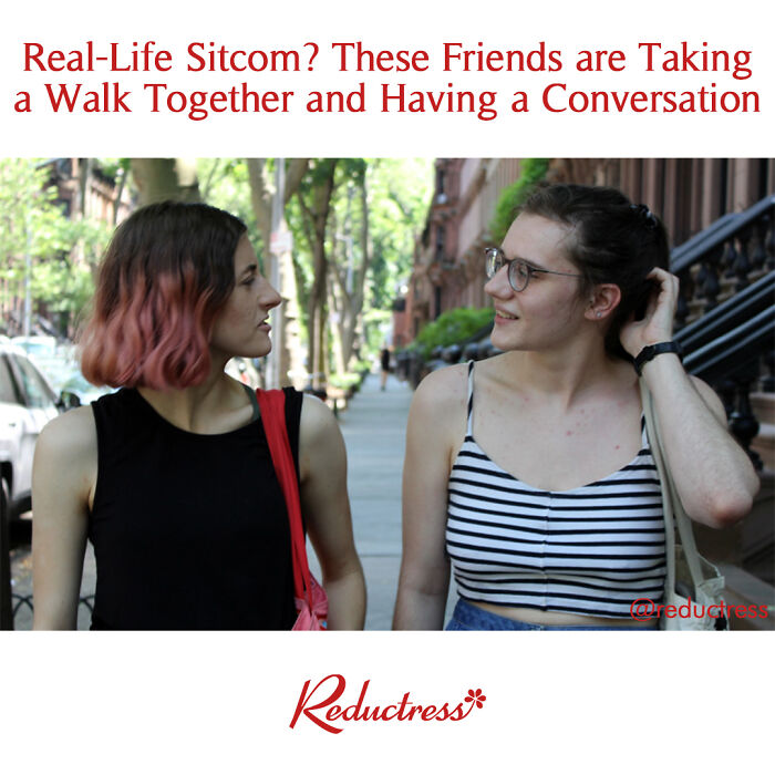 Two friends walking and talking outdoors, reminiscent of a sitcom scene; humorous fake headline.