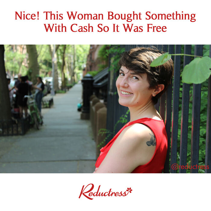 Woman smiling with a humorous fake headline about buying with cash.