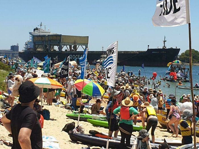 Crowded beach protest against consumerism with flags and kayaks, cargo ship in background.