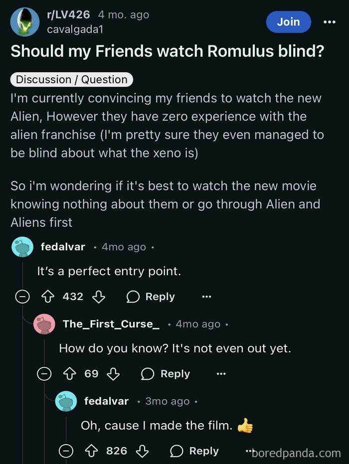 Reddit conversation showing hilarious cases of people online not knowing who they are speaking to about a movie.