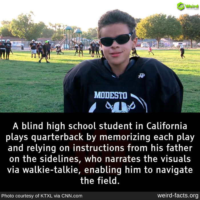 Blind high school quarterback uses instructions from his father via walkie-talkie to play football.
