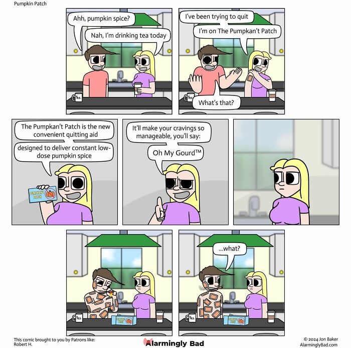 Comic by Jon Baker featuring humorous twist on pumpkin spice a*******n with a quirky quitting aid patch.
