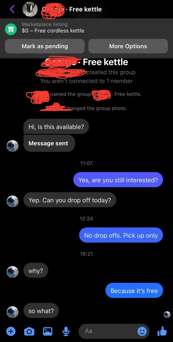 Weirdest interactions on Facebook Marketplace chat about a free kettle pickup arrangement.