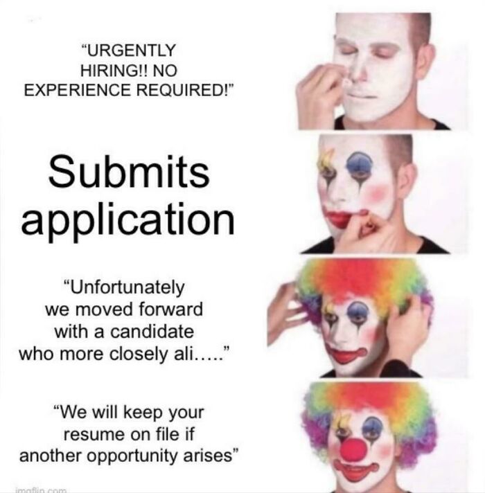 Person applying clown makeup represents a humorous take on frustrating recruiting experiences.