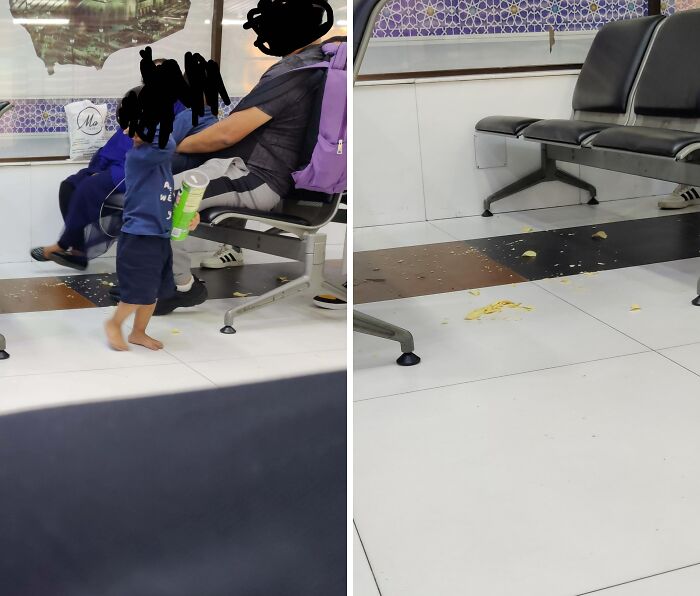 Child creating a mess in airport waiting area, reminiscent of annoying plane passengers.