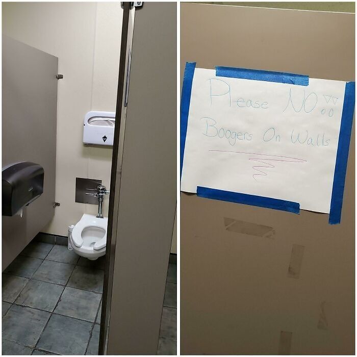 The Janitors At My Work Recently Put Up These Signs Inside The Bathroom Stalls