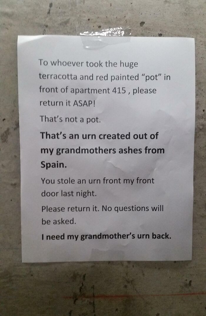 Found This In My Apartment's Stairwell. Give Them Their Granny Back!