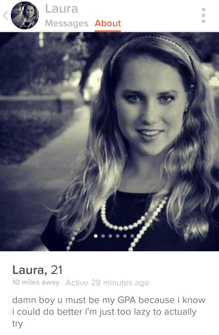 Tinder profile of a woman named Laura, 21, with a witty bio about GPA.