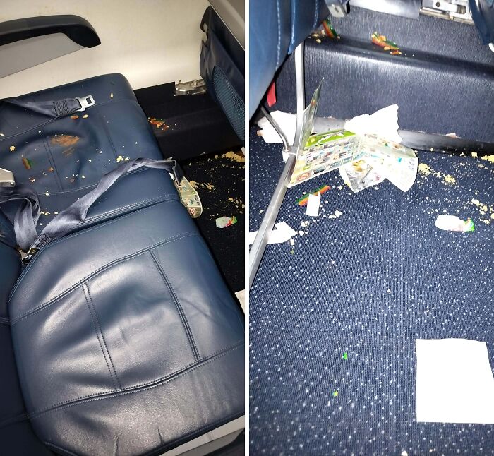 Messy airplane seats and floor covered in crumbs, highlighting annoying plane passengers' behavior.