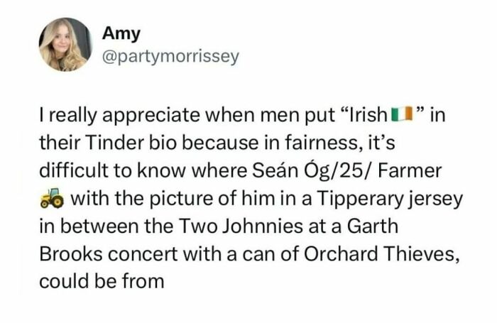 Tweet humorously capturing Irish charm with a mention of Seán, a Tipperary jersey, and a Garth Brooks concert.