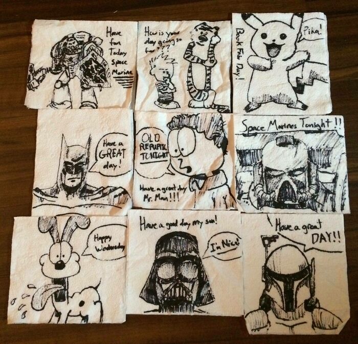 Illustrated napkins with funny messages featuring iconic characters, perfect for hilarious-in-laws' gifts.