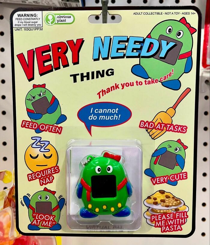 Packaging of a fake toy called Very Needy Thing with cartoon characters, part of sneaking fake products into real stores.