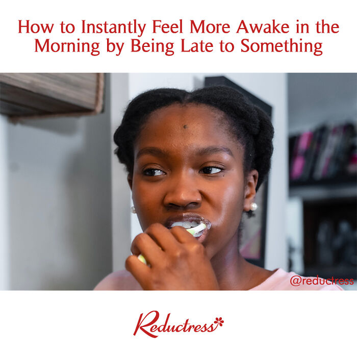 Woman brushing teeth in the morning, humorous fake headline text above.