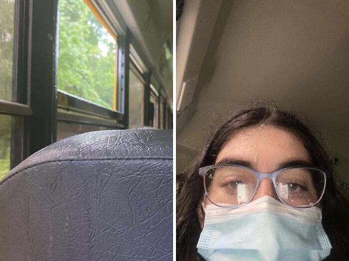 Person with glasses and mask on public transport, next to a window seat.