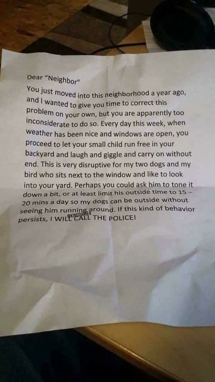 Letter from a neighbor complaining about noise from a child, illustrating entitled people requests.