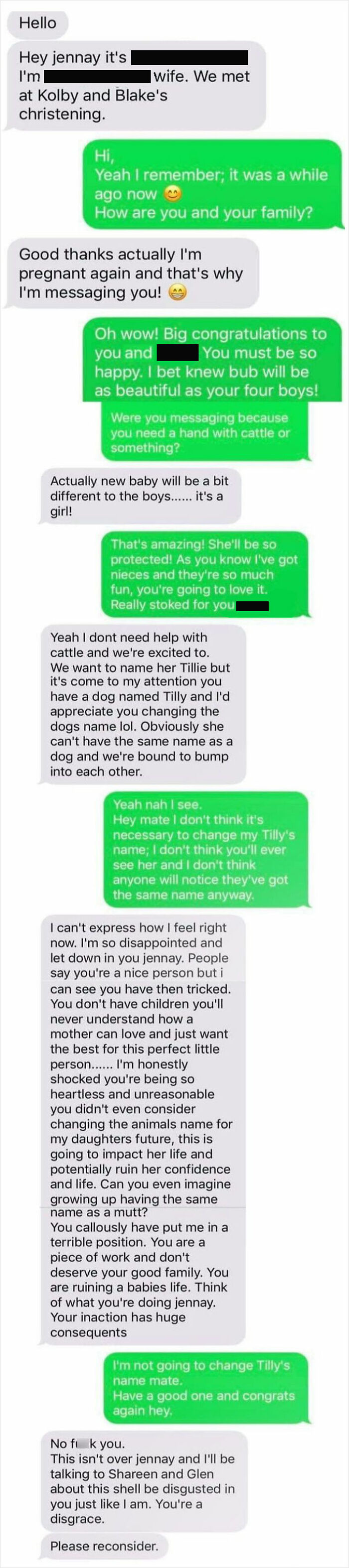 Text conversation showcasing entitled people requests about naming a baby.