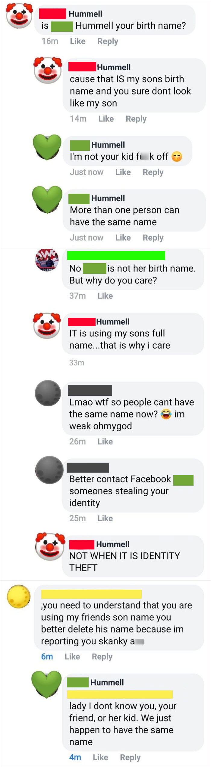 Image of a heated social media thread showcasing entitled people requests over the misuse of a name.