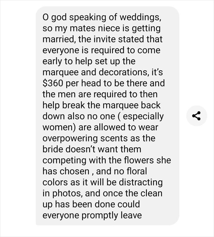 Text screenshot describing entitled wedding requests for guests to pay, set up, and leave promptly.