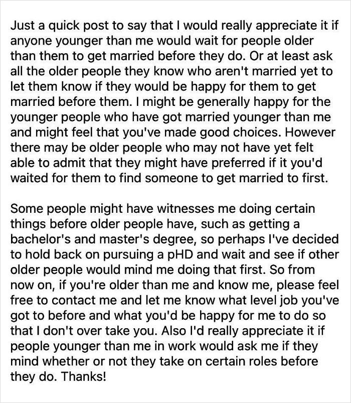 Text block showcasing absurd Entitled-People-Requests about life milestones and career achievements.