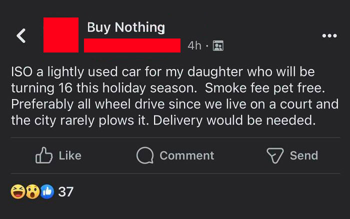 Social media post requesting a free all-wheel drive car for a teenager.